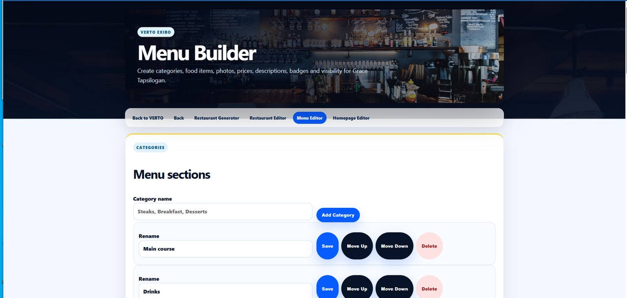 VERTO EXIBO Menu Builder