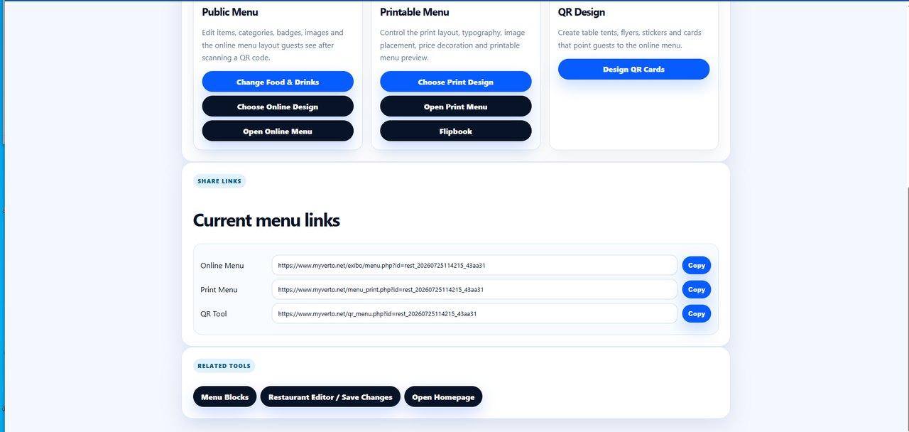 VERTO EXIBO menu publishing tools